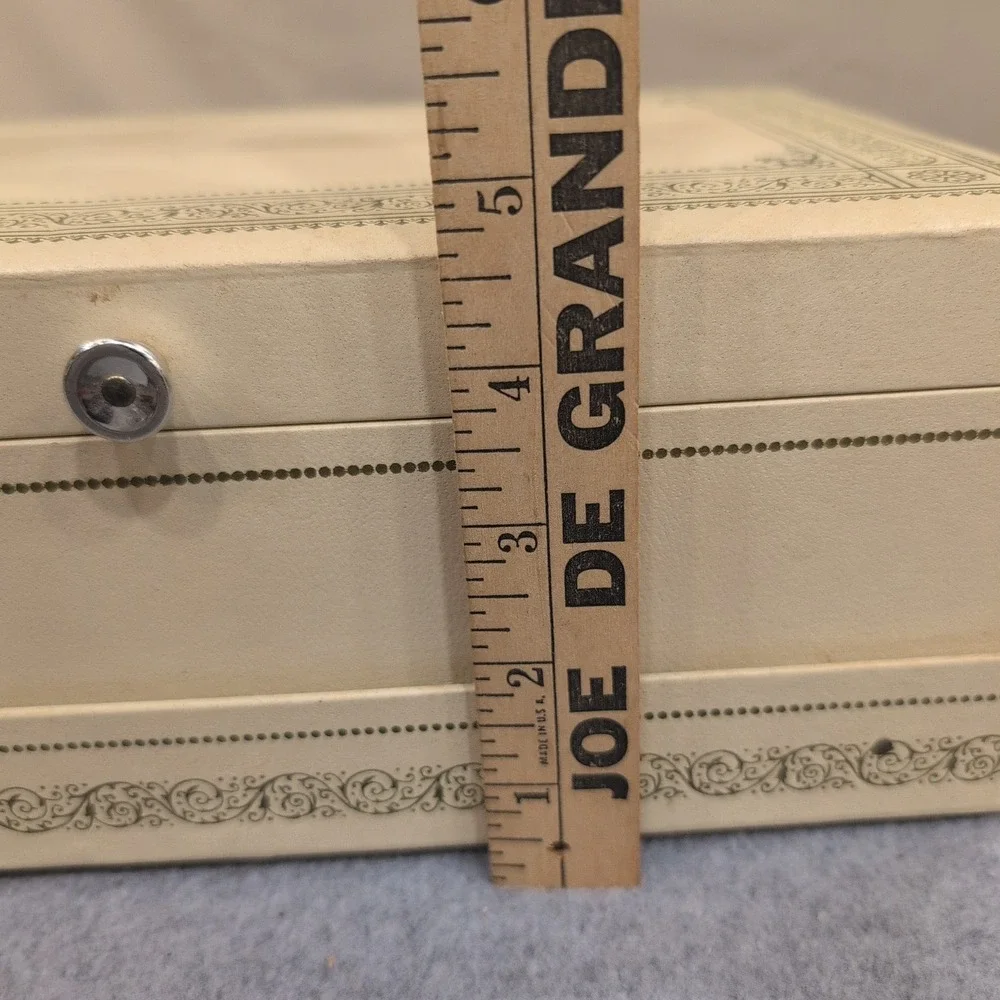 Vintage Cream Faux Leather Multi Tier‎ Jewelry Box Red Velvet Lining Filigree